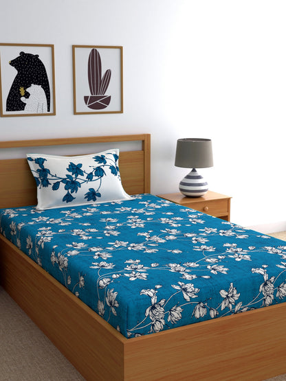 Dreamscape 100% Cotton Floral Bedsheet Set | 140 TC | Blue