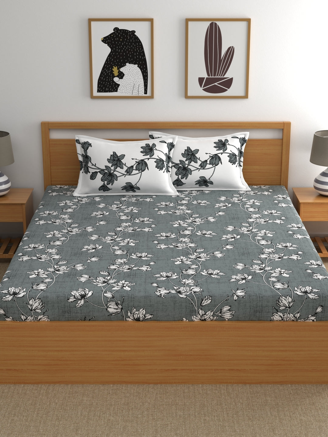 Dreamscape 100% Cotton Floral Bedsheet Set | 140 TC | Grey