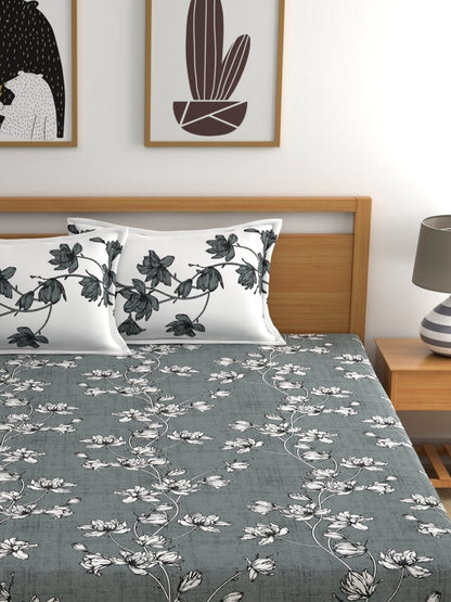 Dreamscape 100% Cotton Floral Bedsheet Set | 140 TC | Grey