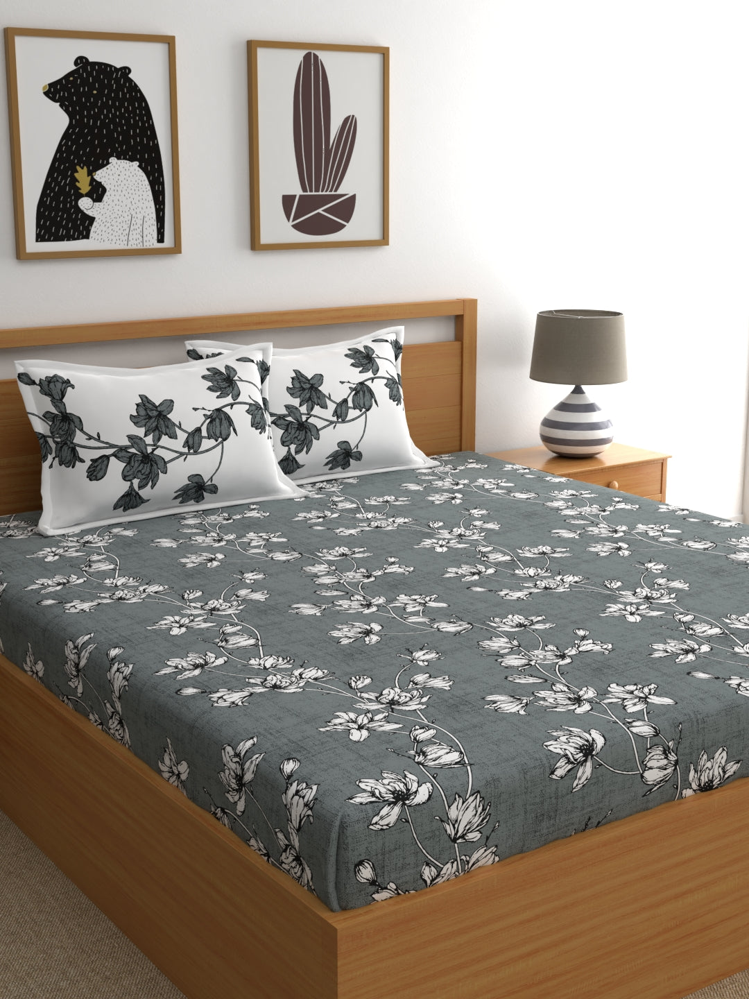 Dreamscape 100% Cotton Floral Bedsheet Set | 140 TC | Grey