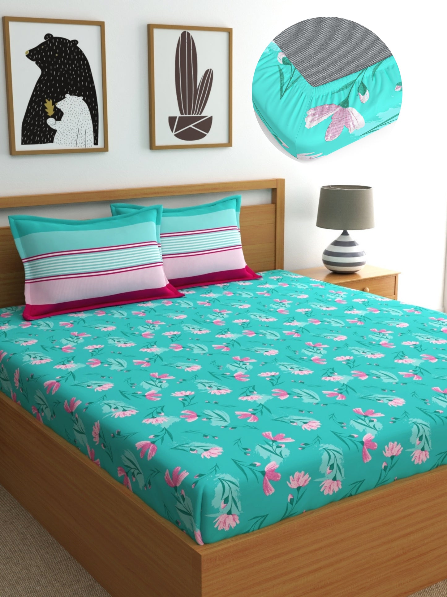 Dreamscape 100% Cotton Queen Fitted Bedsheet with 2 Pillow Covers - (Size 60 x 78 inches, 140 TC, Colour - Sea Green)