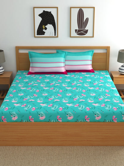 Dreamscape 100% Cotton Queen Fitted Bedsheet with 2 Pillow Covers - (Size 60 x 78 inches, 140 TC, Colour - Sea Green)