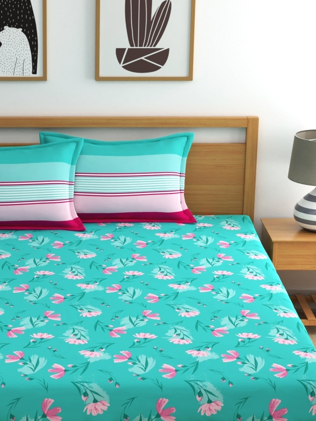 Dreamscape 100% Cotton Queen Fitted Bedsheet with 2 Pillow Covers - (Size 60 x 78 inches, 140 TC, Colour - Sea Green)