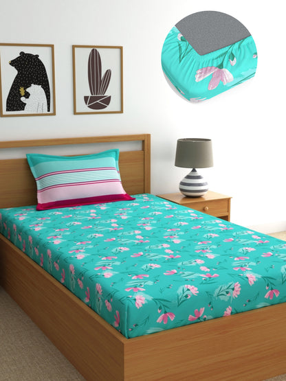 Dreamscape 100% Cotton Single Fitted Bedsheet with 1 Pillow Cover - (Size 36 x 78 inches, 140 TC, Colour - Sea Green)