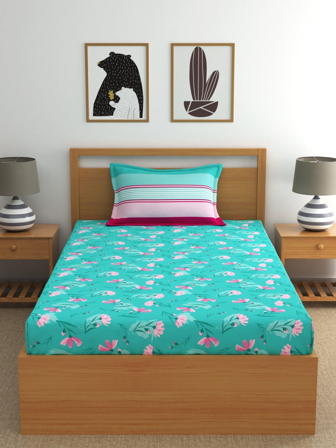 Dreamscape 100% Cotton Single Fitted Bedsheet with 1 Pillow Cover - (Size 36 x 78 inches, 140 TC, Colour - Sea Green)