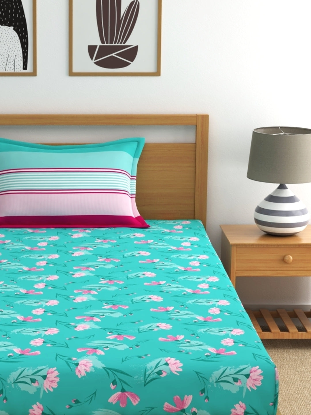 Dreamscape 100% Cotton Single Fitted Bedsheet with 1 Pillow Cover - (Size 36 x 78 inches, 140 TC, Colour - Sea Green)