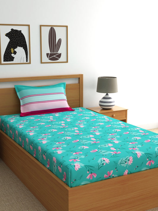 Dreamscape 100% Cotton 140 TC Floral Bedsheet Set - Colour: Sea Green