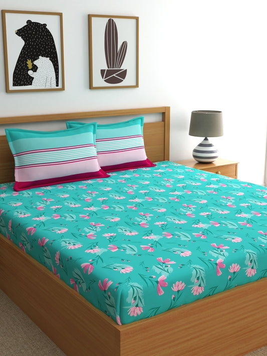 Dreamscape 100% Cotton 140 TC Floral Bedsheet Set - Colour: Sea Green