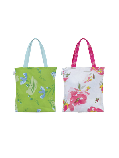 Home Ecstasy 100% Cotton Floral Tote Bag Set Of 2 | 140 TC | Pink and Lime Green