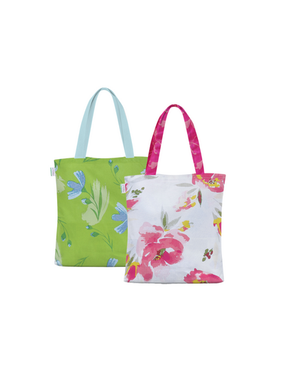 Home Ecstasy 100% Cotton Floral Tote Bag Set Of 2 | 140 TC | Pink and Lime Green