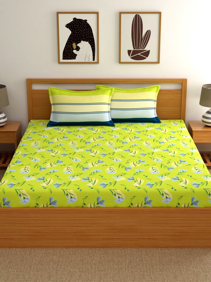 Dreamscape 100% Cotton Floral Bedsheet Set | 140 TC | Lime Green