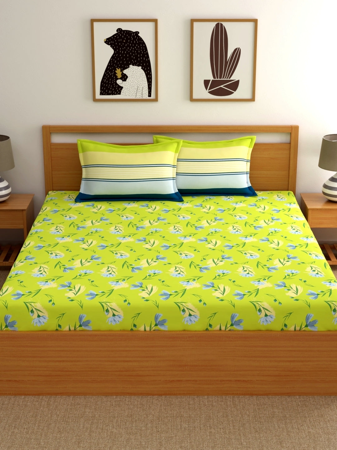 Dreamscape 100% Cotton Floral Bedsheet Set | 140 TC | Lime Green