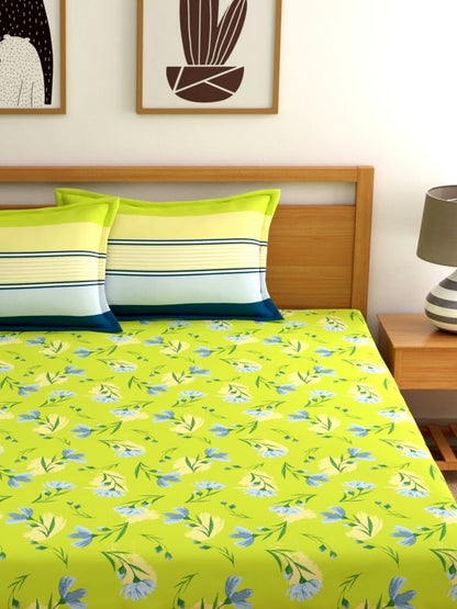 Dreamscape 100% Cotton Floral Bedsheet Set | 140 TC | Lime Green