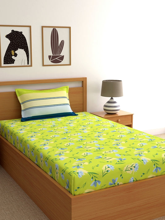 Dreamscape 100% Cotton 140 TC Floral Fitted Bedsheet Set - Colour: Lime Green