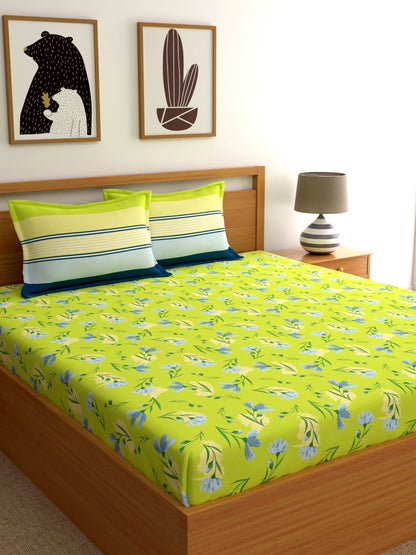 Dreamscape 100% Cotton Floral Bedsheet Set | 140 TC | Lime Green
