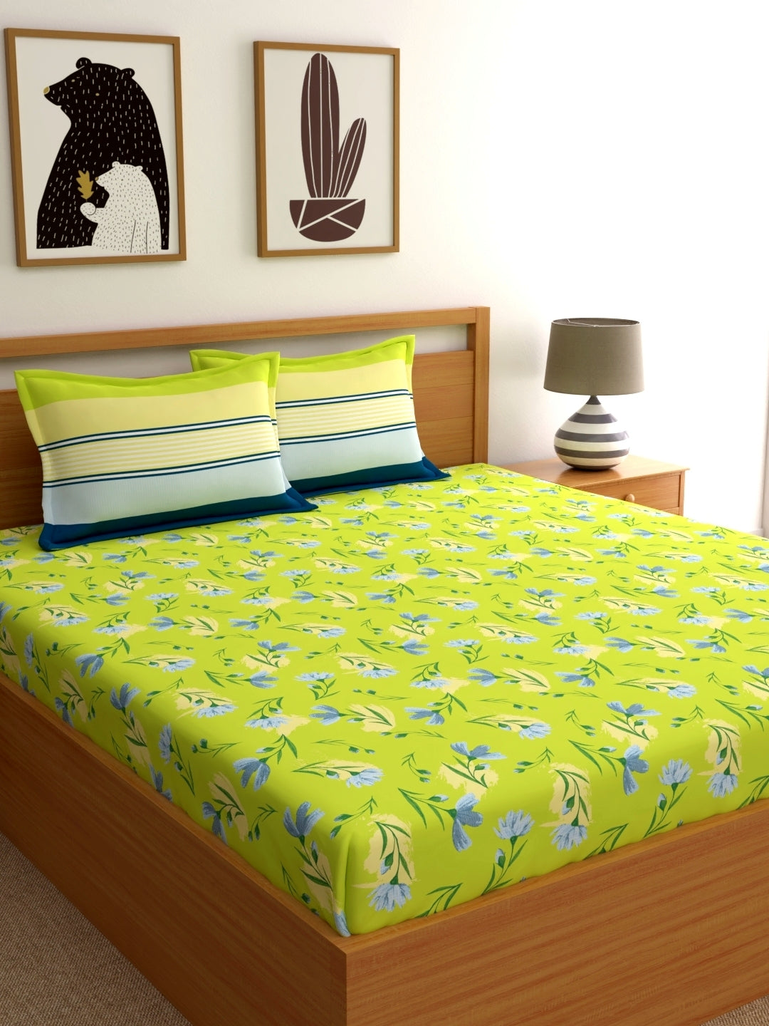 Dreamscape 100% Cotton Floral Bedsheet Set | 140 TC | Lime Green