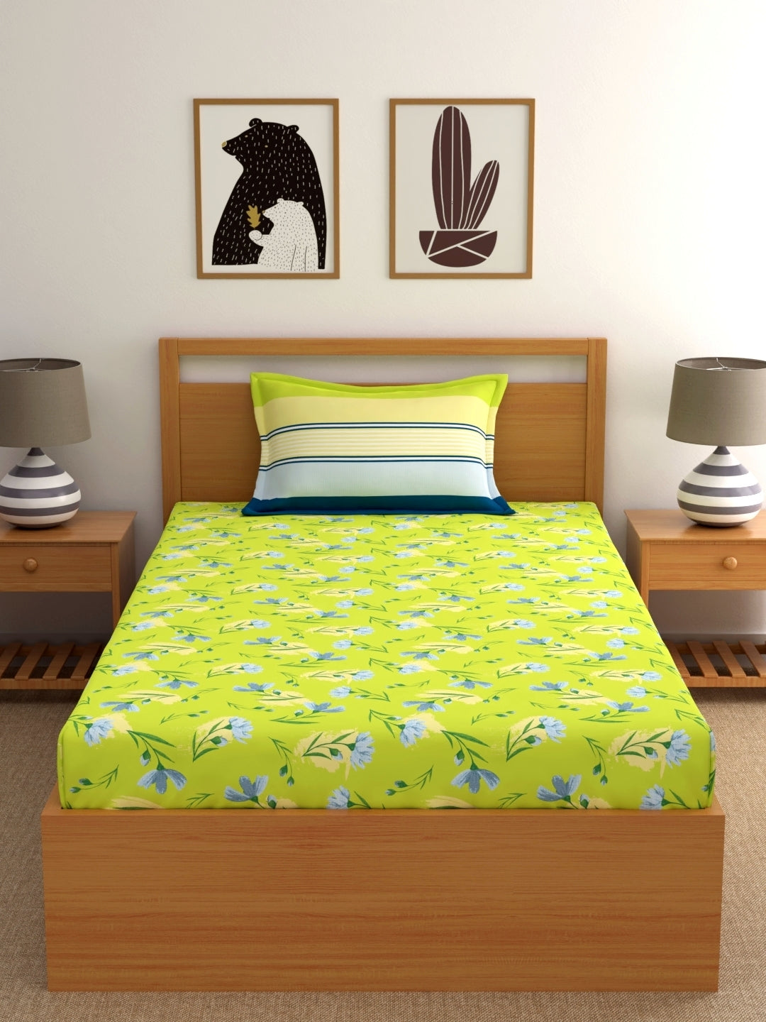 Dreamscape 100% Cotton Floral Bedsheet Set | 140 TC | Lime Green
