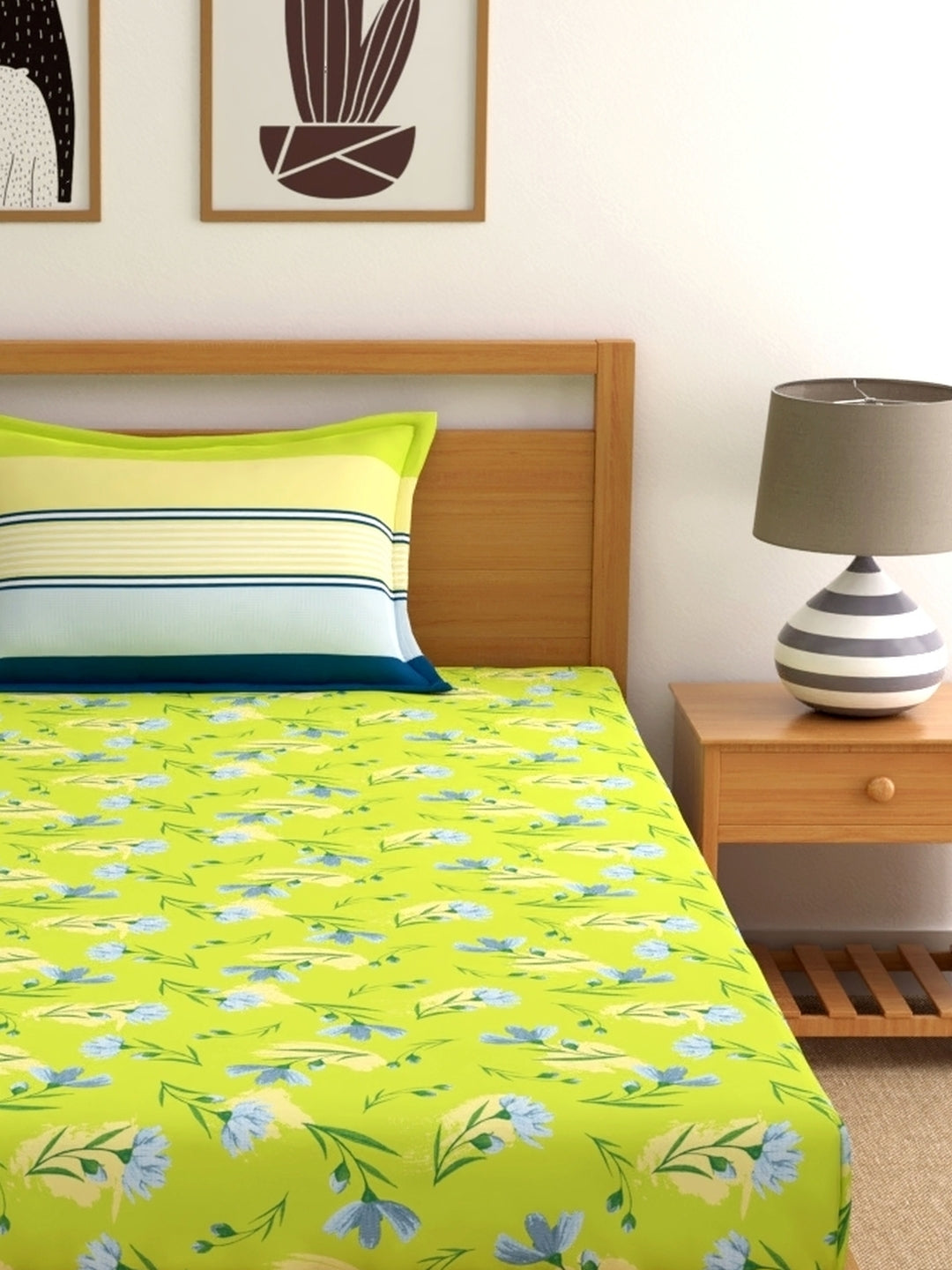 Dreamscape 100% Cotton Floral Bedsheet Set | 140 TC | Lime Green