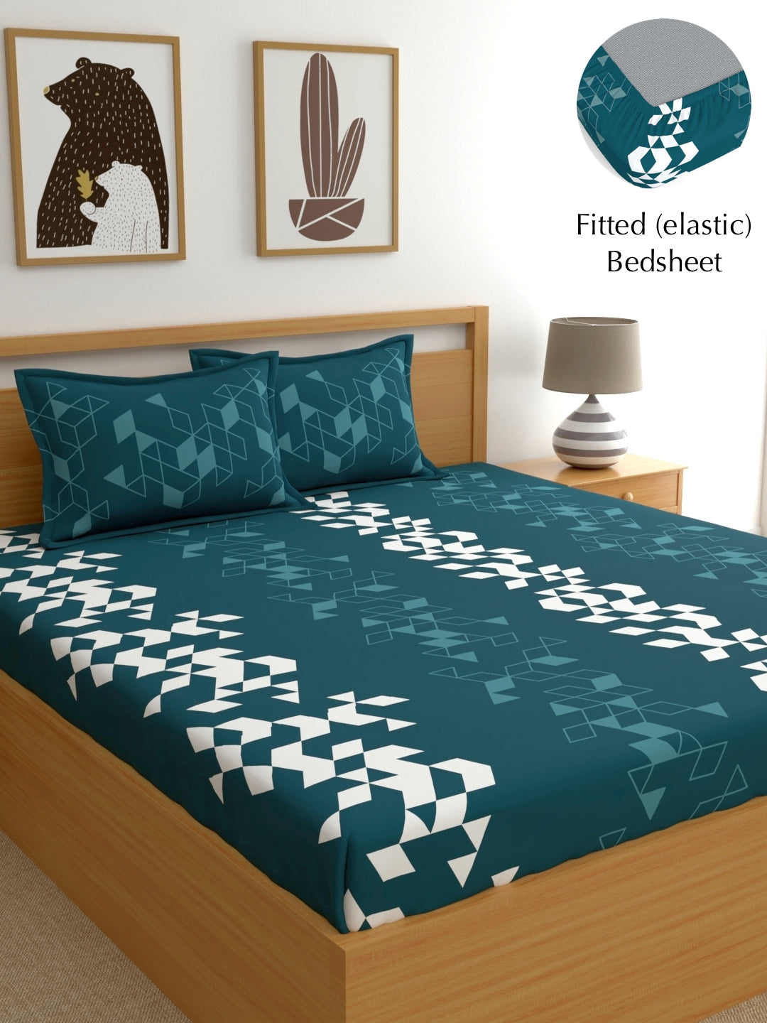Dreamscape 100% Cotton 140 TC Geometric Bedsheet Set - Colour: Teal Blue