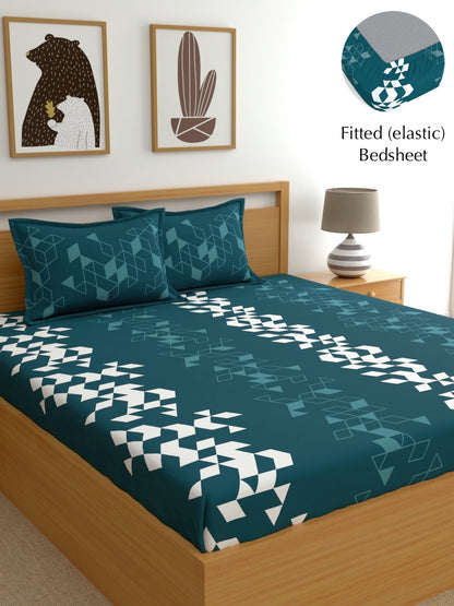 Dreamscape 100% Cotton 140 TC Geometric Bedsheet Set - Colour: Teal Blue
