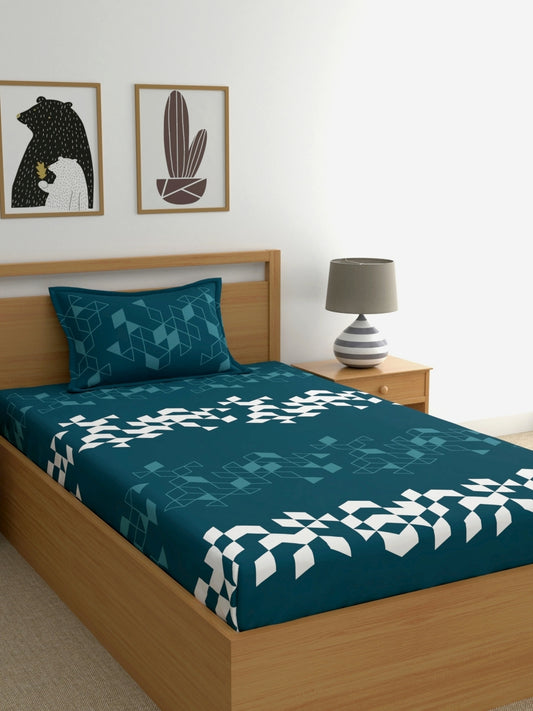 Dreamscape 100% Cotton 140 TC Geometric Bedsheet Set - Colour: Teal Blue (Copy)