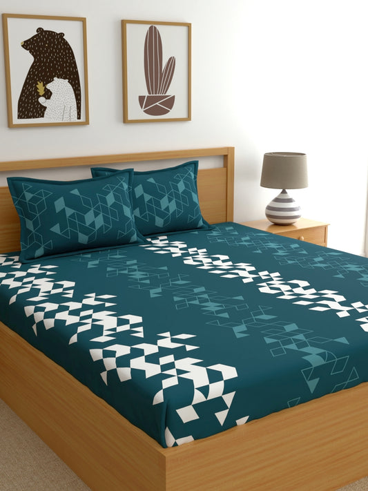 Dreamscape 100% Cotton 140 TC Geometric Bedsheet Set - Colour: Teal Blue