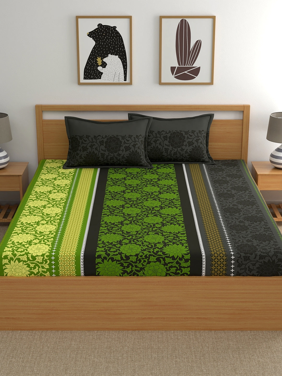 Dreamscape 100% Cotton Floral Bedsheet Set | 140 TC | Green