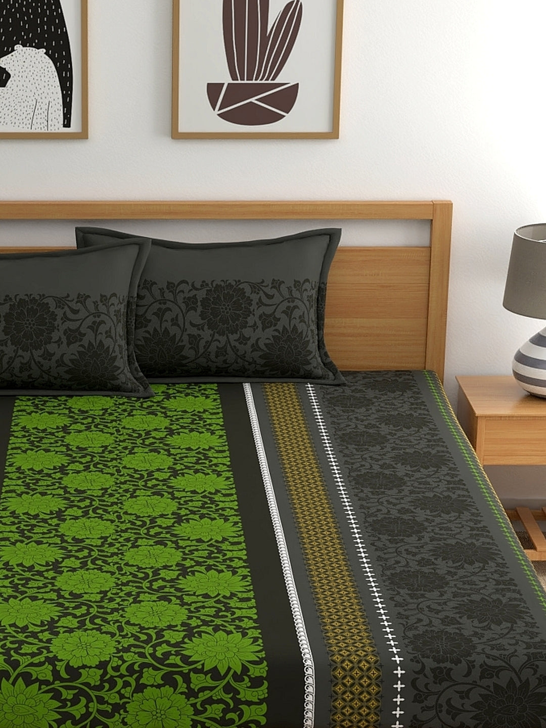 Dreamscape 100% Cotton Floral Bedsheet Set | 140 TC | Green