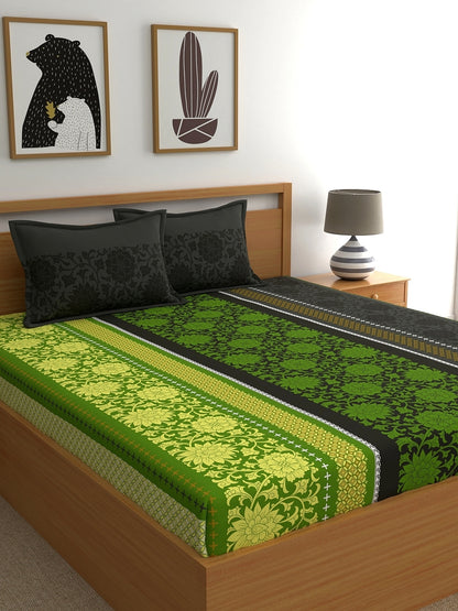 Dreamscape 100% Cotton Floral Bedsheet Set | 140 TC | Green