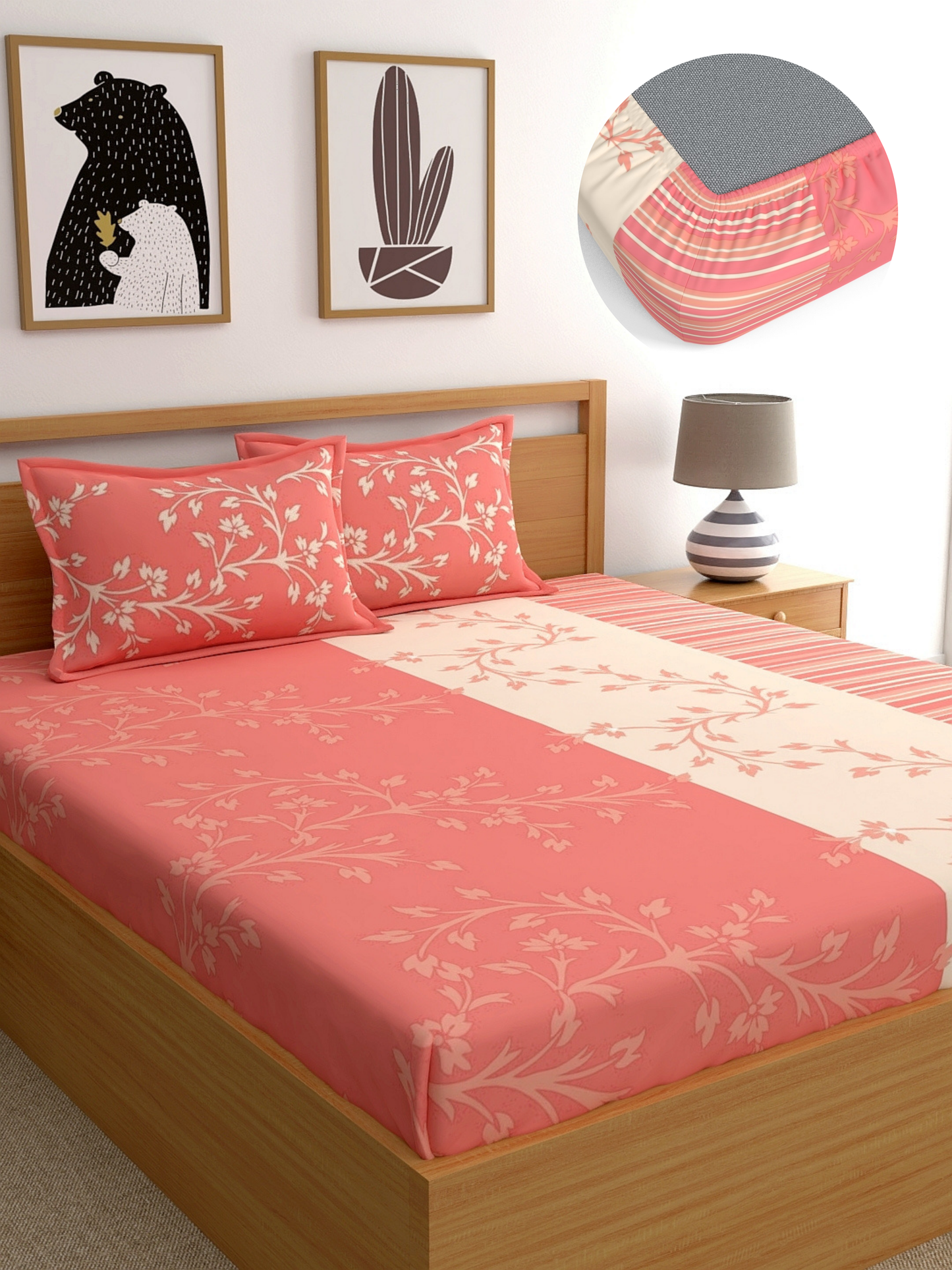 Dreamscape 100% Cotton 140 TC Floral Bedsheet Set - Colour: Peach