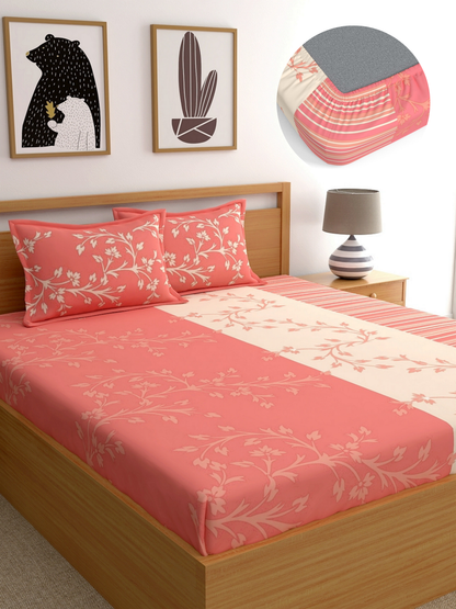Dreamscape 100% Cotton 140 TC Floral Bedsheet Set - Colour: Peach
