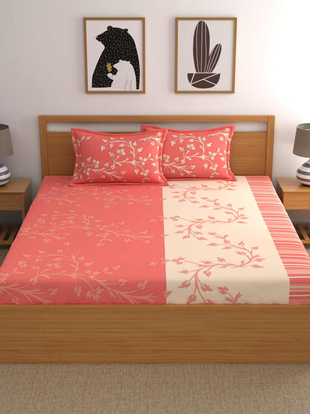 Dreamscape 100% Cotton Fitted Bedsheet with 2 Pillow Covers - (Size 60 x 78 inches, 140 TC, Colour - Peach)