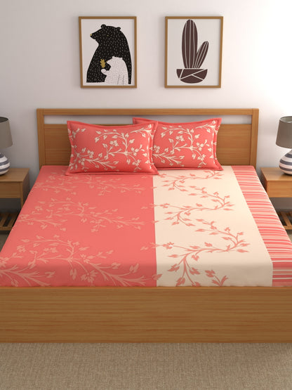 Dreamscape 100% Cotton Fitted Bedsheet with 2 Pillow Covers - (Size 60 x 78 inches, 140 TC, Colour - Peach)