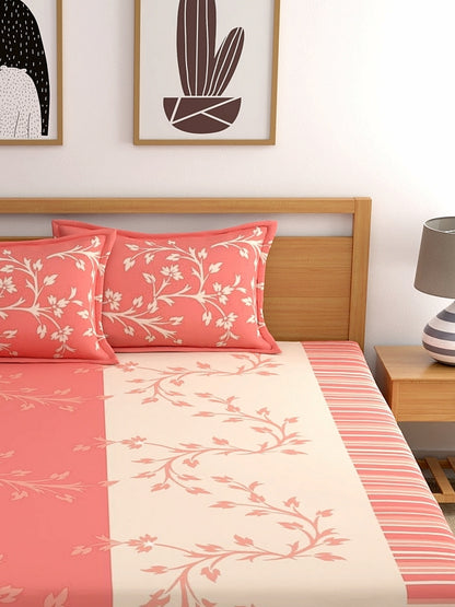 Dreamscape 100% Cotton Fitted Bedsheet with 2 Pillow Covers - (Size 60 x 78 inches, 140 TC, Colour - Peach)