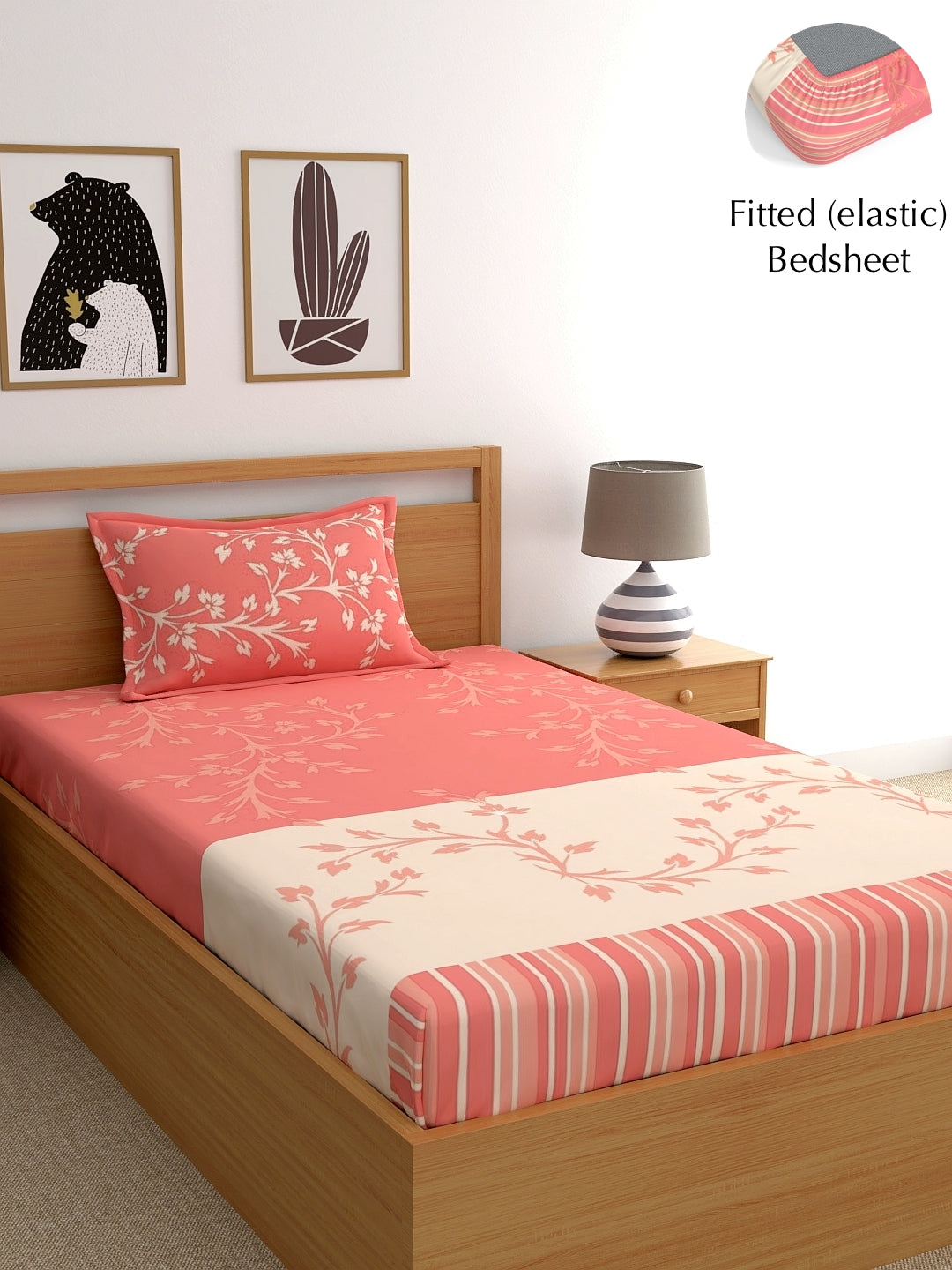 Dreamscape 100% Cotton Fitted Bedsheet with 2 Pillow Covers - (Size 60 x 78 inches, 140 TC, Colour - Peach)