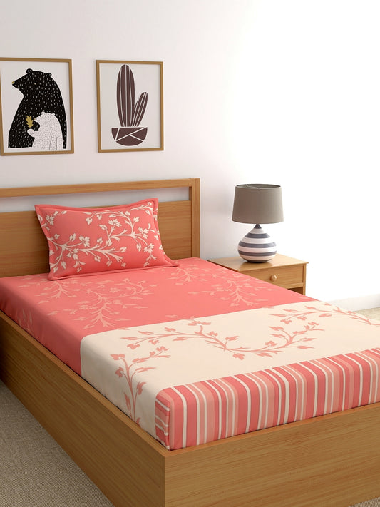 Dreamscape 100% Cotton 140 TC Floral Bedsheet Set - Colour: Peach