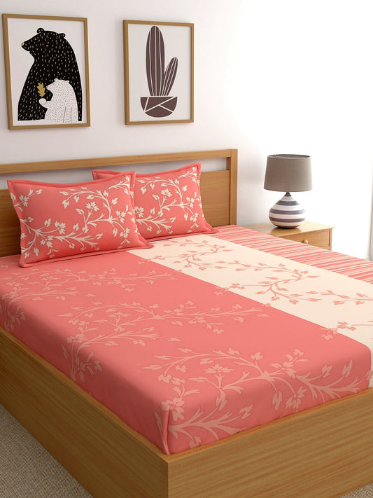 Dreamscape 100% Cotton 140 TC Floral Bedsheet Set - Colour: Peach