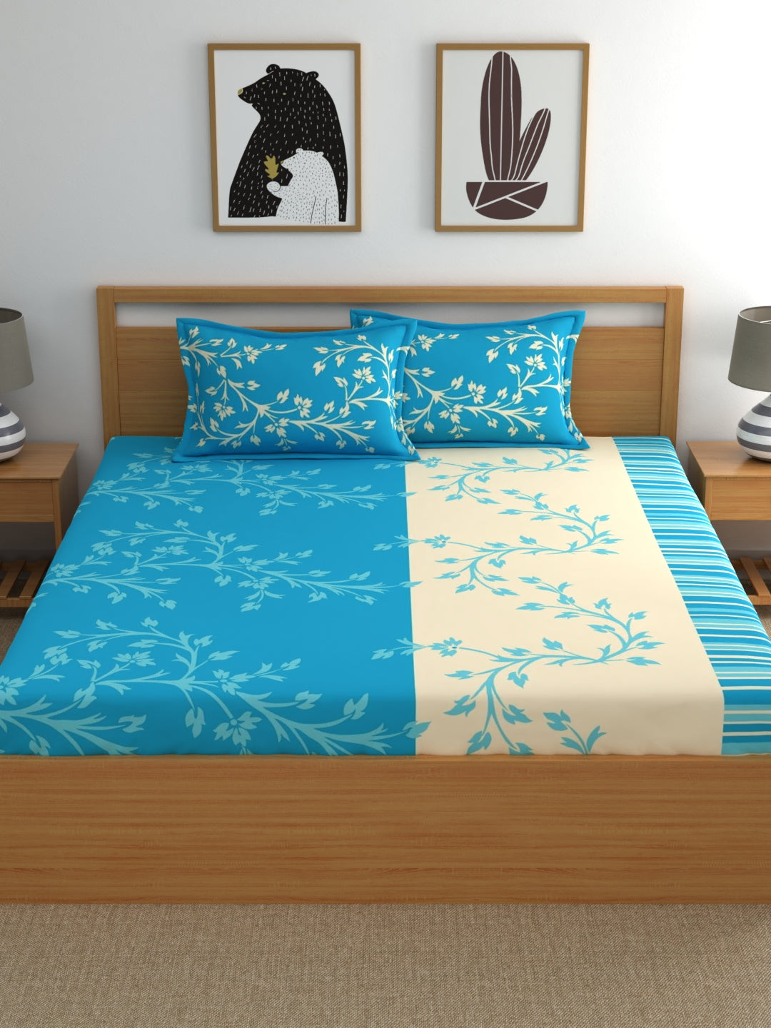 Dreamscape 100% Cotton Floral Bedsheet Set with Pillow Covers | 140TC | Blue | 140 TC |