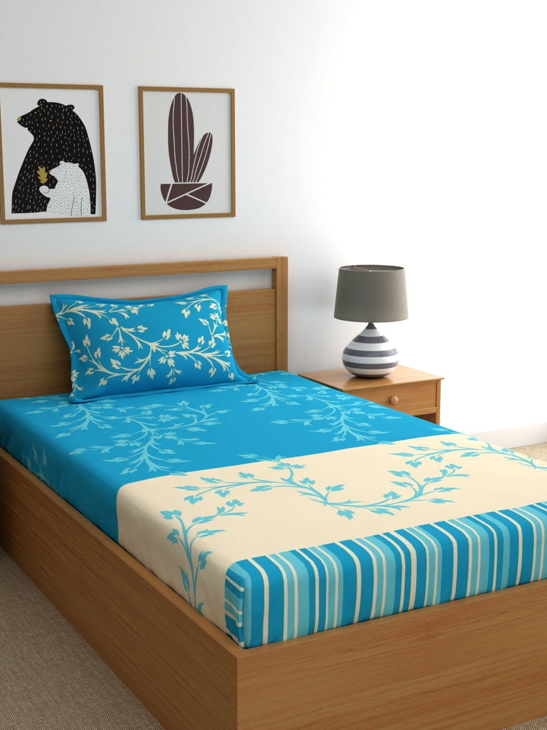 Dreamscape 100% Cotton Floral Bedsheet Set with Pillow Covers | 140TC | Blue | 140 TC |