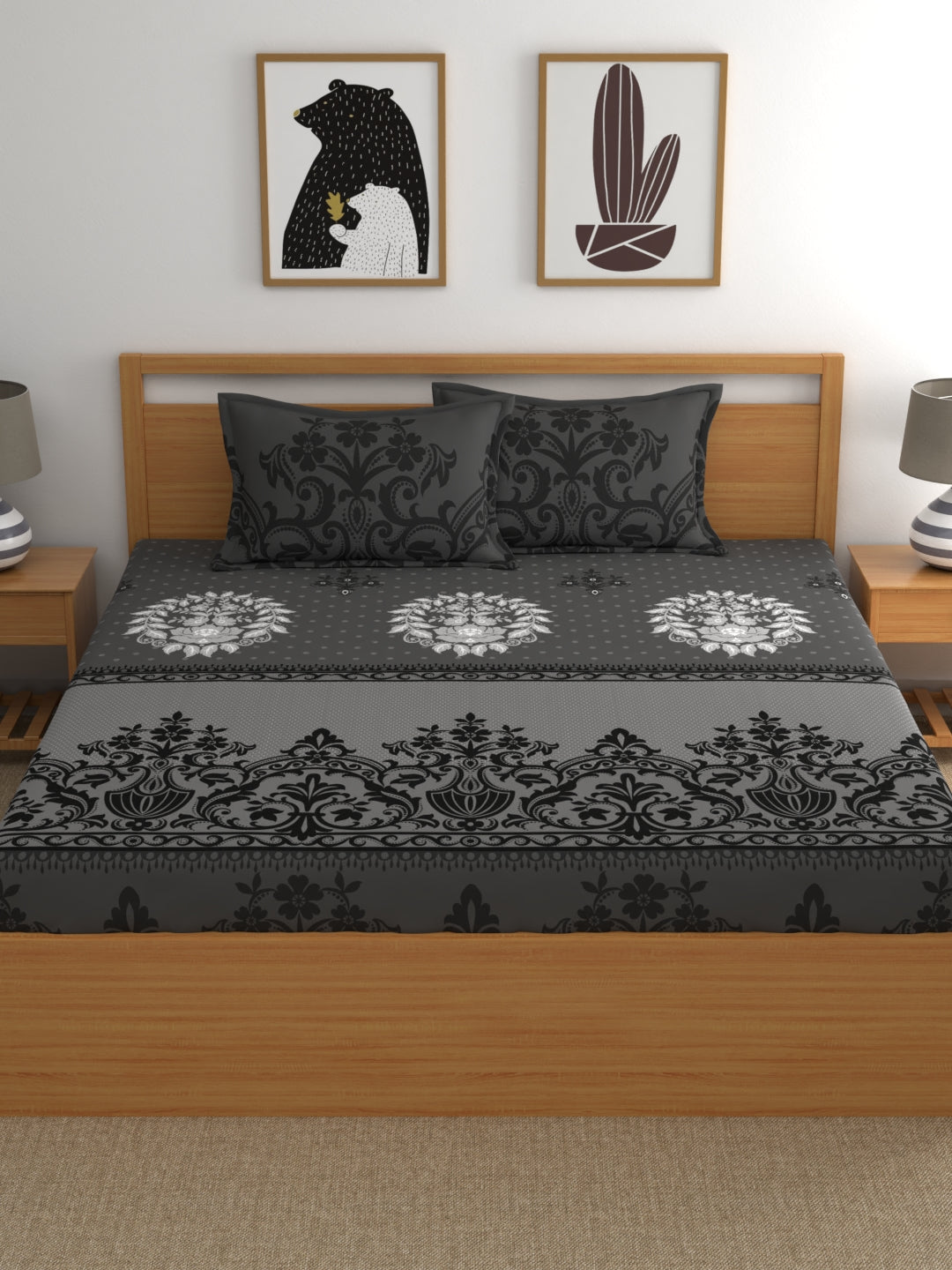 Dreamscape 100% Cotton Abstract Bedsheet Set | 140 TC | Grey