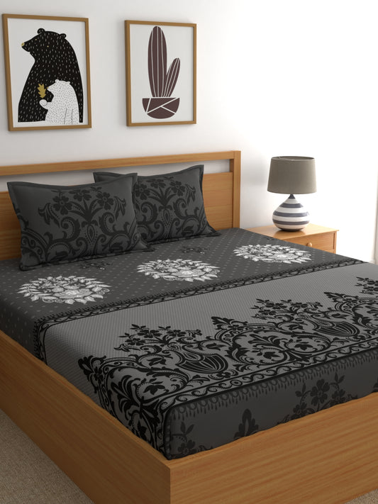 Dreamscape 100% Cotton 140 TC Ethnic Bedsheet Set - Colour: Dark Grey