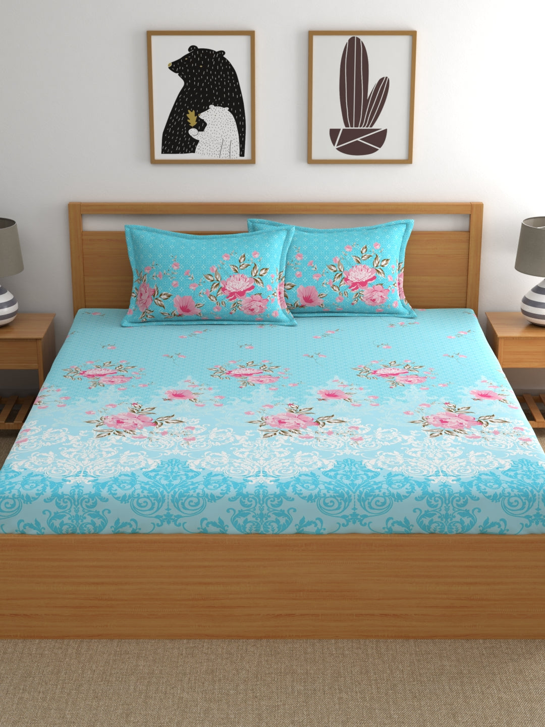 Dreamscape 100% Cotton Floral Bedsheet Set | 140 TC | Blue