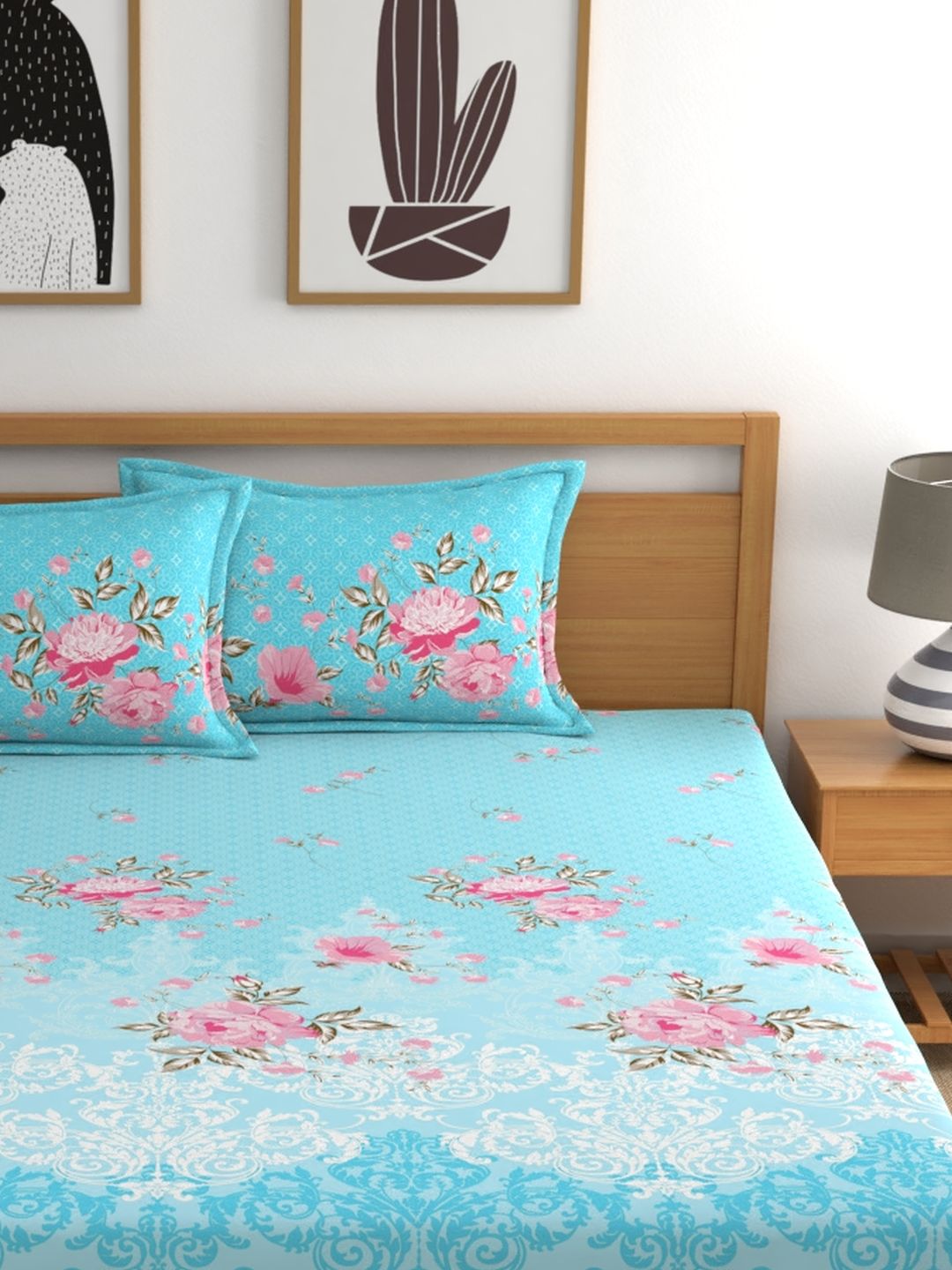 Dreamscape 100% Cotton Floral Bedsheet Set | 140 TC | Blue