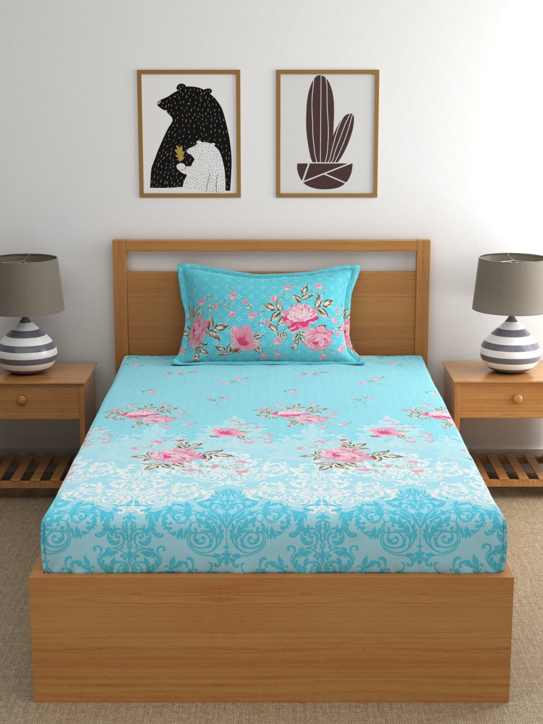 Dreamscape 100% Cotton Floral Bedsheet Set | 140 TC | Blue