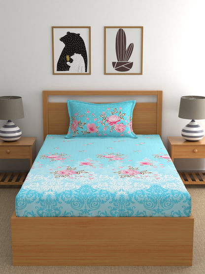 Dreamscape 100% Cotton Floral Bedsheet Set | 140 TC | Blue