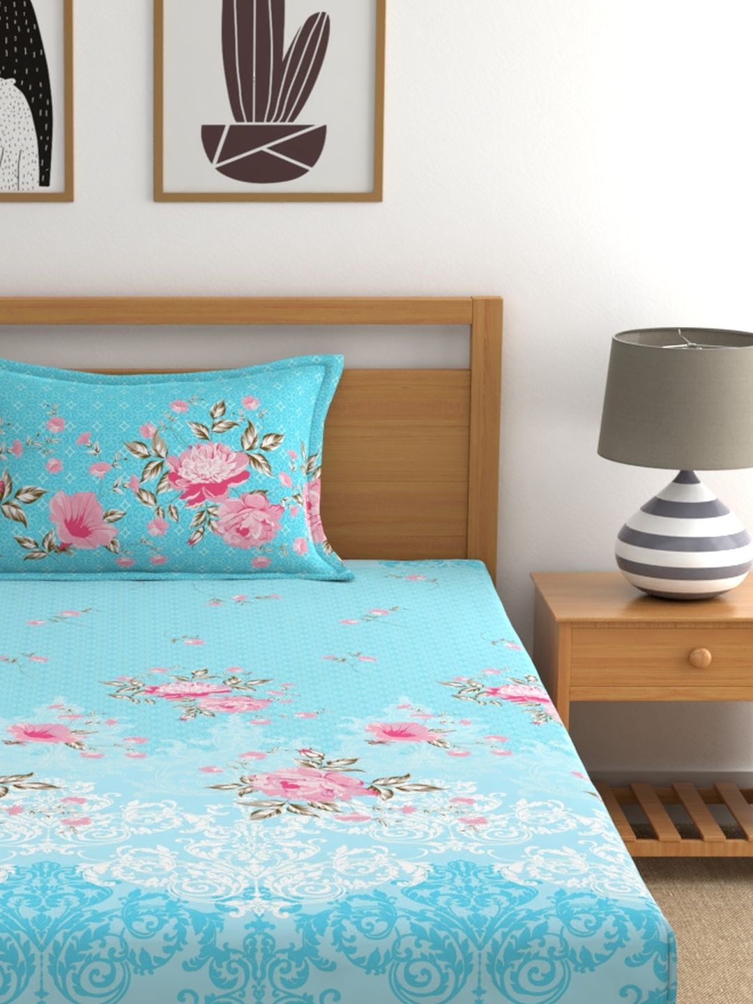Dreamscape 100% Cotton Floral Bedsheet Set | 140 TC | Blue