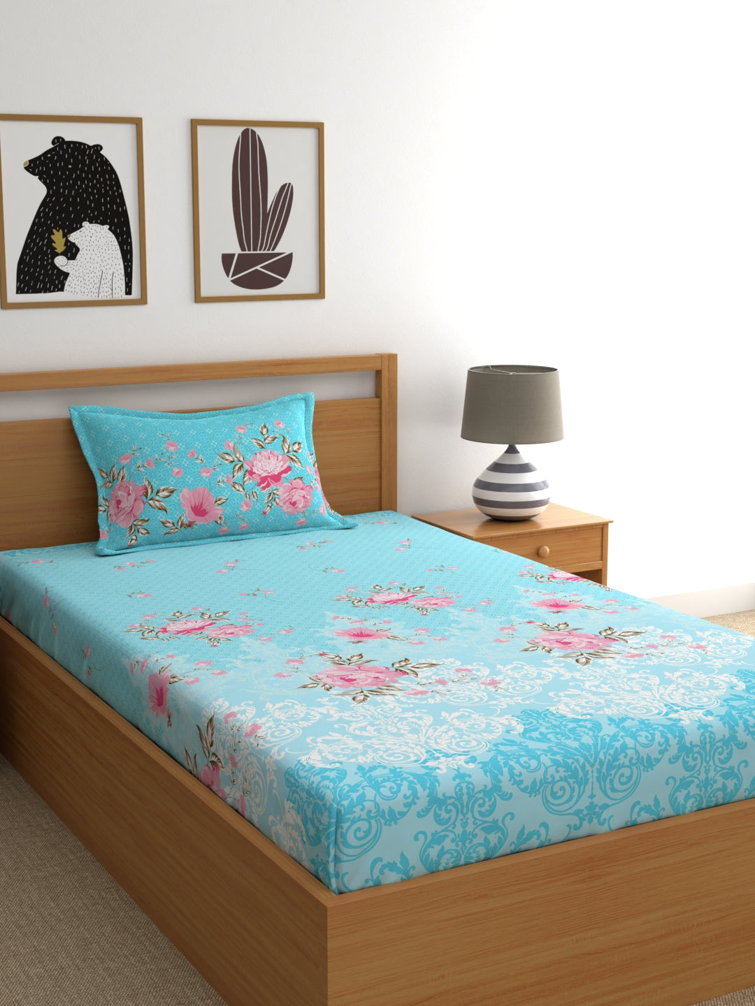 Dreamscape 100% Cotton Floral Bedsheet Set | 140 TC | Blue