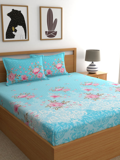 Dreamscape 100% Cotton Floral Bedsheet Set | 140 TC | Blue