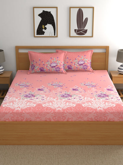 Dreamscape 100% Cotton Floral Bedsheet Set | 140 TC | Pink