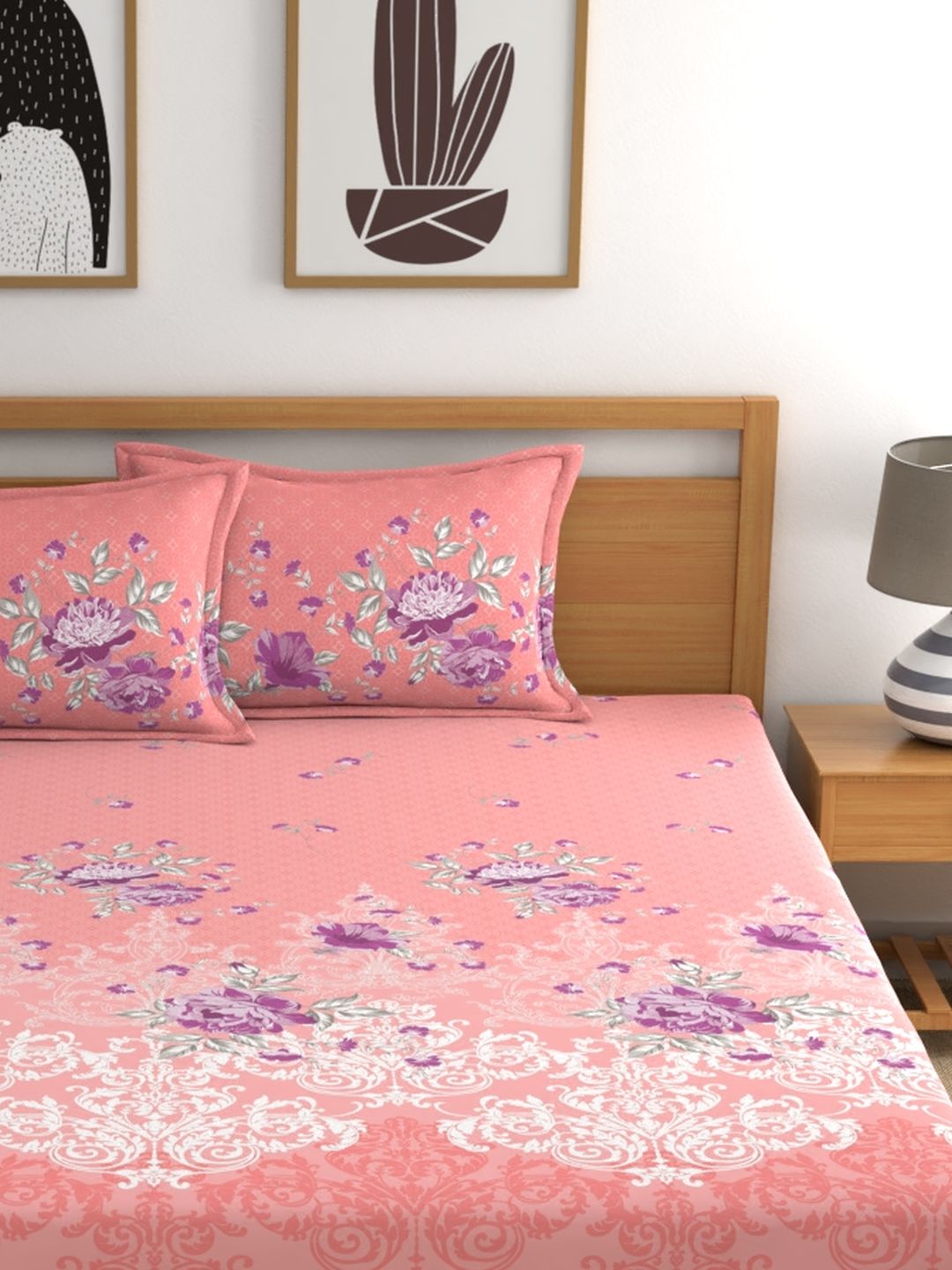 Dreamscape 100% Cotton Floral Bedsheet Set | 140 TC | Pink